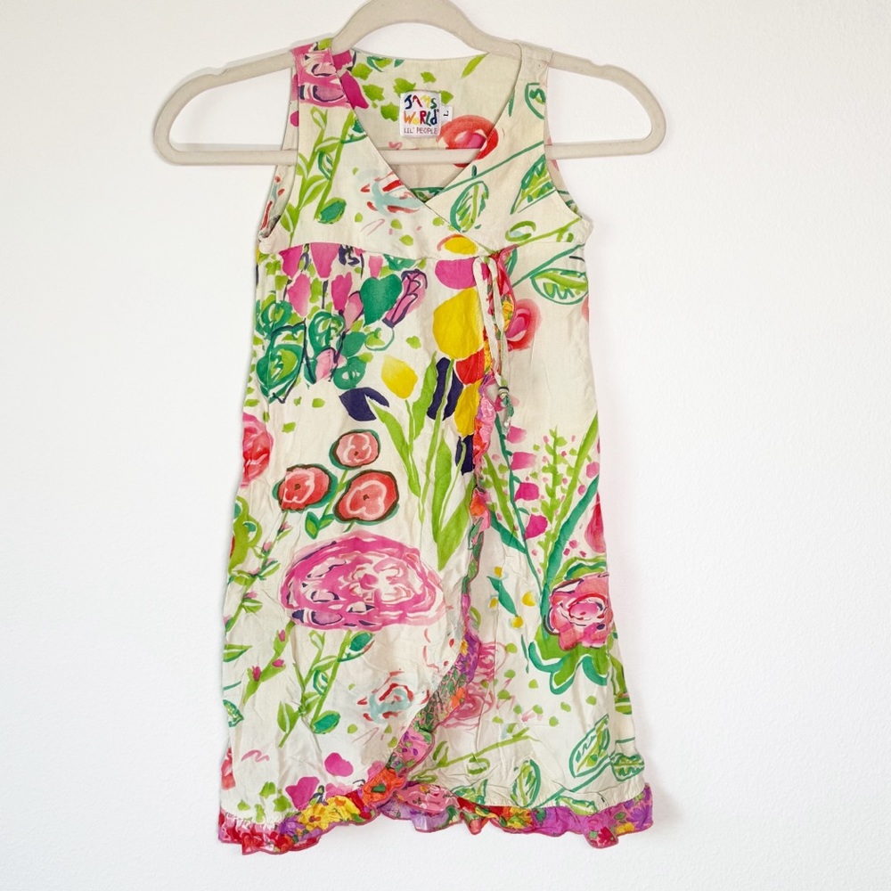 Jams World Lil’ People Vintage Floral Ruffle Faux Wrap Dress Girl’s Large‎